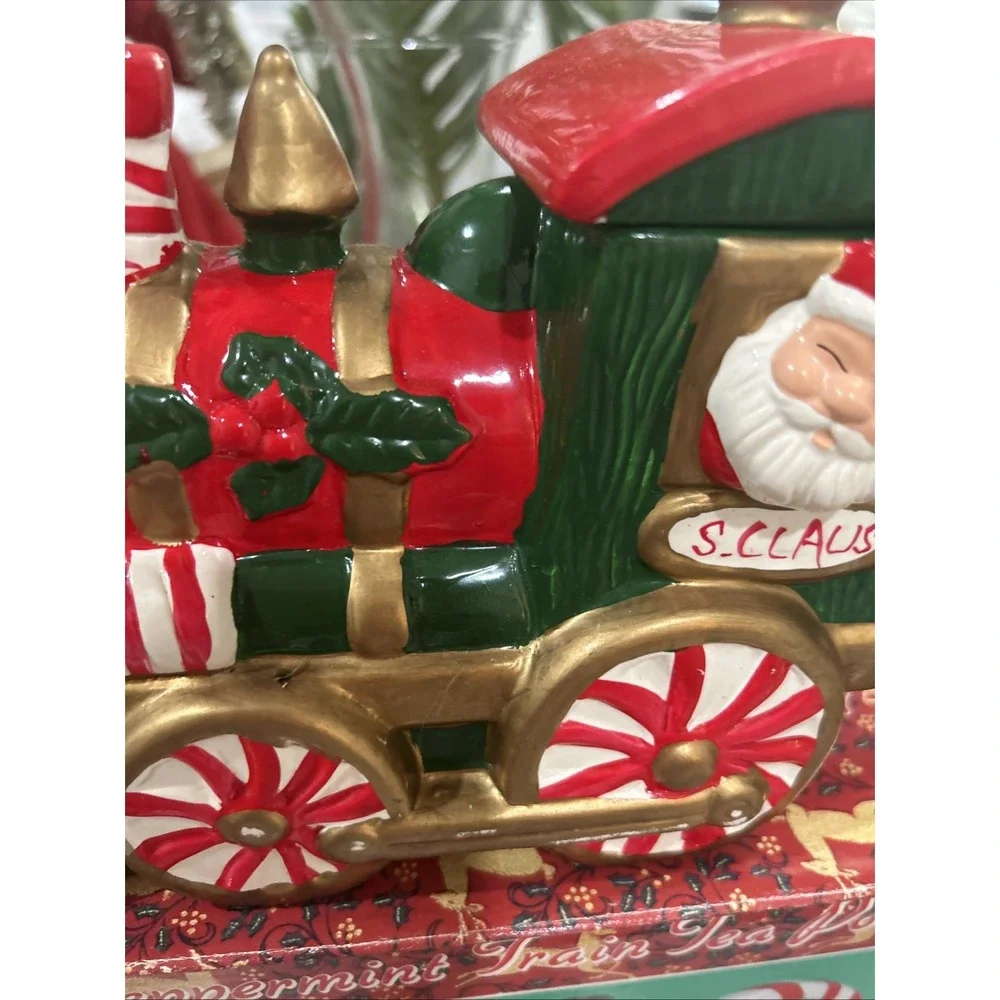 Vintage‎ Peppermint Santa Train Teapot In Box 1994 Hermitage Pottery WITH LID